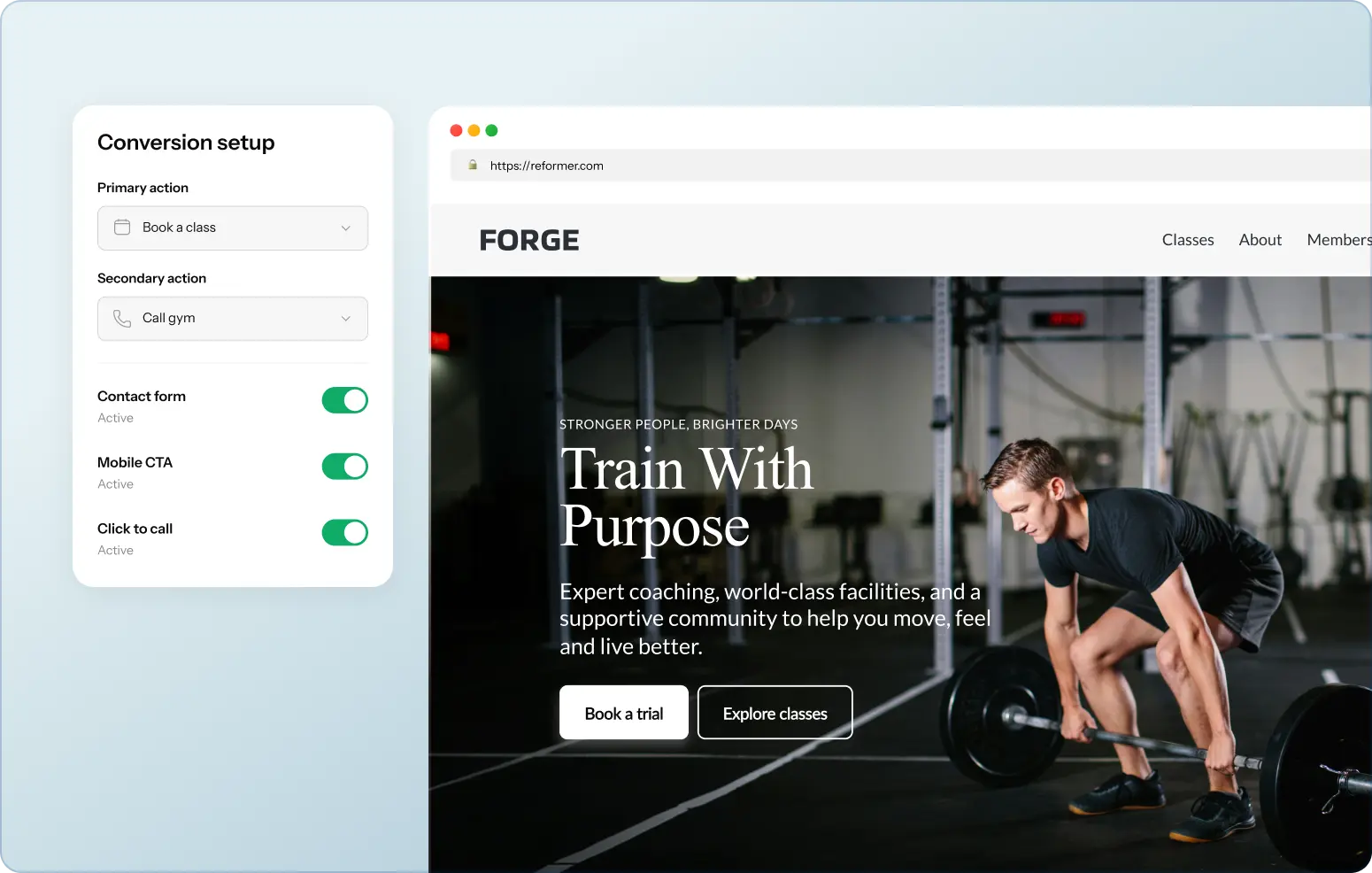 A business website with its booking, call and contact-form actions switched on