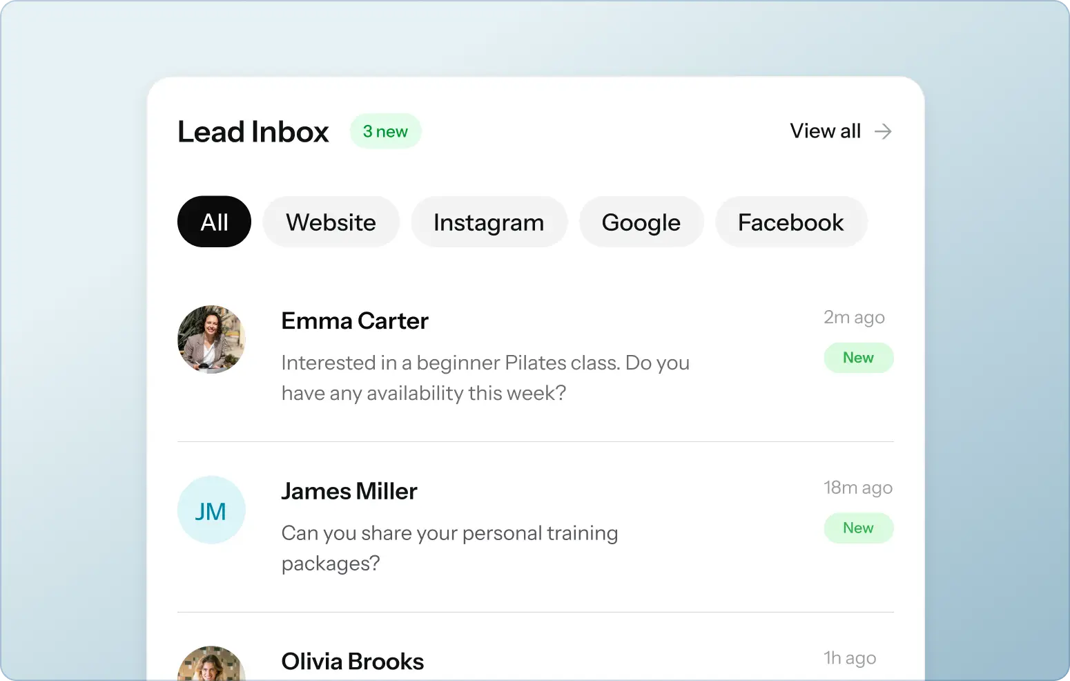 A lead inbox with new inquiries from the website, Instagram, Google and Facebook